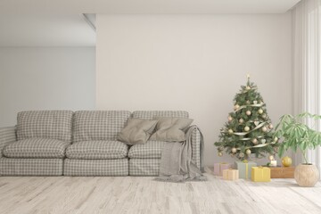 Winter new year interior of living room with sofa. Scandinavian design. 3D illustration