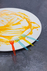 Dish containing some delicious potatoes with brava sauce, typical in Spain, which have been devoured immediately.