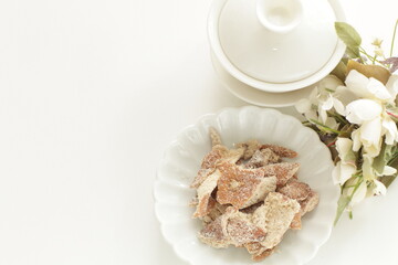 Chinese food, dried mandarin peel and tea for snack food image