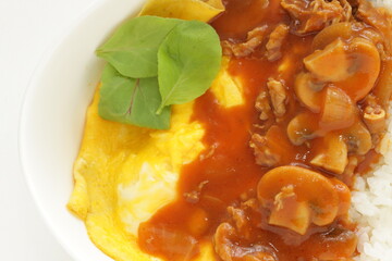 Beef stew and scrambled egg on rice with copy space