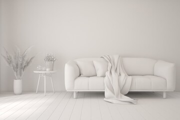 Mock up of stylish room in white color with sofa. Scandinavian interior design. 3D illustration