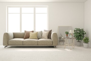 Fototapeta premium White living room with sofa. Scandinavian interior design. 3D illustration
