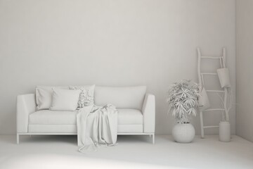 Mock up of minimalist living room in white color with sofa. Scandinavian interior design. 3D illustration