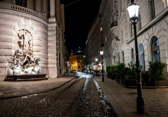 Abandoned Street In The Night In The Inner City Of Vienna In Austria