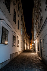 Fototapeta na wymiar Narrow Alley With Streetlights And Cobblestones In The Inner City Of Vienna In Austria