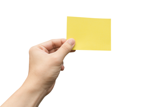 Hand holding yellow paper isolated on white with clipping path.