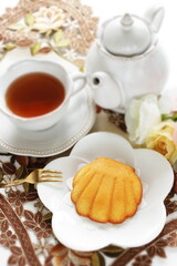French sweet food, shell shape cake on white dish