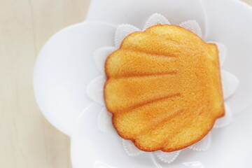 French sweet food, shell shape cake on white dish