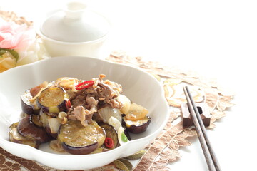 Chinese food, eggplant and beef stir fried with chili pepper