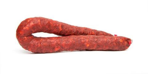 Spanish chorizo sausage on white background