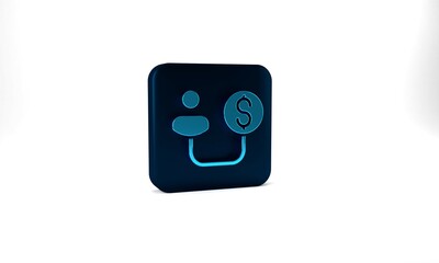 Blue Human and money icon isolated on grey background. Concept of attracting investments. Big business profit attraction and success. Blue square button. 3d illustration 3D render