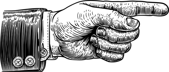 Fototapeta na wymiar A hand pointing a finger in a direction sign. Wearing a business suit in a vintage antique engraving woodblock or woodcut style.