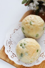 Home bakery, green soybeans bread for breakfast 