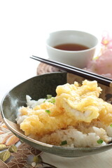 Japanese food, eel deep fried Anago Tempura on rice with tea