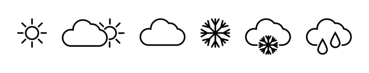 Weather vector icons. Sun, cloud, snowflake, rain. Vector illustration
