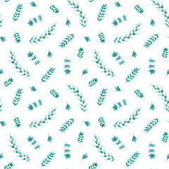 Watercolor pattern with green leaves on a dark background. Design for fabric and printing on paper. Seamless pattern with different leaves and branches.