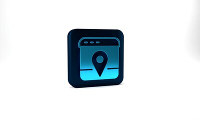 Blue Infographic of city map navigation icon isolated on grey background. Mobile App Interface concept design. Geolacation concept. Blue square button. 3d illustration 3D render