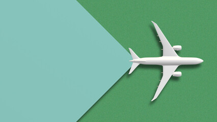 Top view white plane on green background transition