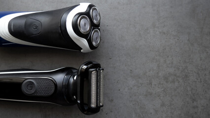 Electric razor of different types close-up. Razor. Male set.