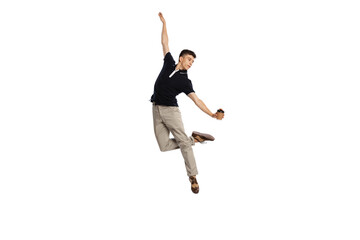 Fototapeta na wymiar Happy man, young male office worker jumping isolated over white background. Contemp, aspiration, business, job concept.