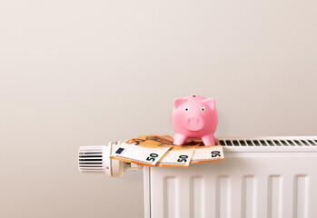 heating costs and energy, piggy bank and money bank notes on radiator