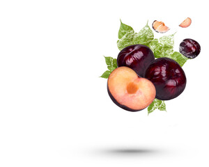 Water splash on fresh Red plum with leaves isolated on transparent background