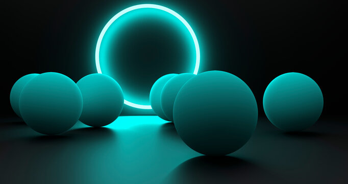 Composici&oacute;n 3d abstracta con un circulo emisor de luz y esferas.