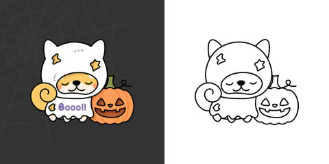 Clipart Halloween Shiba Inu Multicolored and Black and White. Cute Clip Art Halloween Dog. Vector Illustration of a Kawaii Halloween Dog Ghost with Pumpkin.

