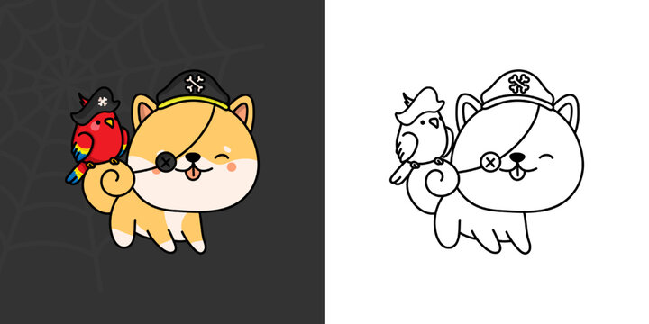 Set Clipart Halloween Dog Coloring Page and Colored Illustration. Clip Art Kawaii Halloween Shiba Inu. Vector Illustration of a Kawaii Halloween Dog Pirate.
