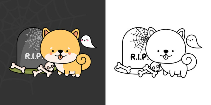 Kawaii Clipart Halloween Dog Illustration and For Coloring Page. Funny Kawaii Halloween Shiba Inu. Vector Illustration of a Kawaii Halloween Dog.
