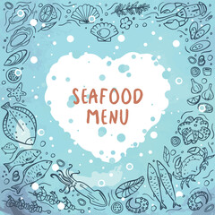 Set of doodle seafood on blue watercolor background. Vector illustration. Perfect for dessert menu or food package design.