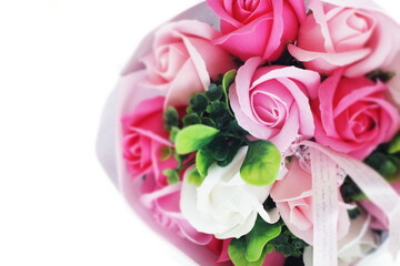 Artificial flower, soap made rose bouquet with copy space 
