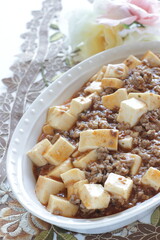 Chinese food, homemade Mapo tofu in bowl