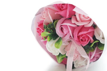 Artificial flower, soap made rose bouquet with copy space 