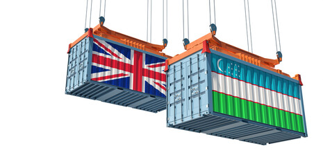 Cargo containers with Uzbekistan and United Kingdom national flags. 3D Rendering