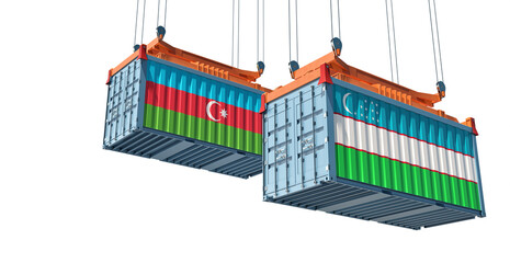 Cargo containers with Uzbekistan and Azerbaijan national flags. 3D Rendering
