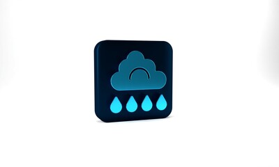 Blue Cloud with rain icon isolated on grey background. Rain cloud precipitation with rain drops. Blue square button. 3d illustration 3D render