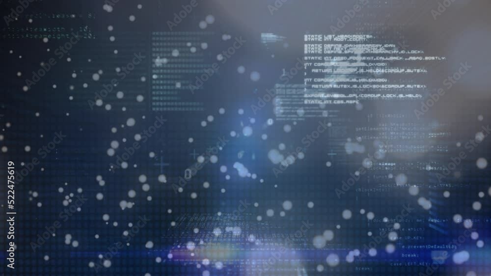 Poster animation of glowing circles and dots floating over programming language with looping binary codes