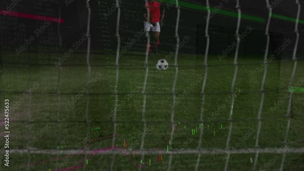 Poster animation of trading board over low section of soccer player kicking ball towards net