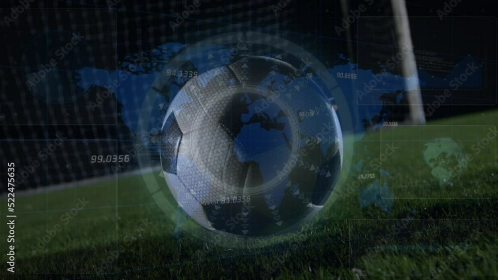 Poster animation of circle and map over low section of soccer player kicking towards net at night