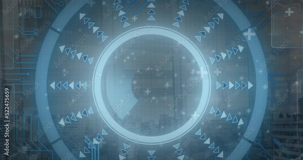 Poster animation of data processing with hud on digital interface against cityscape