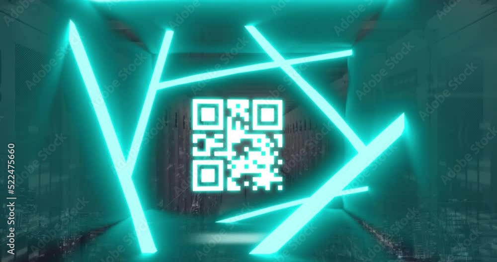 Aufkleber animation of blue neon lines with qr code, data processing against server room