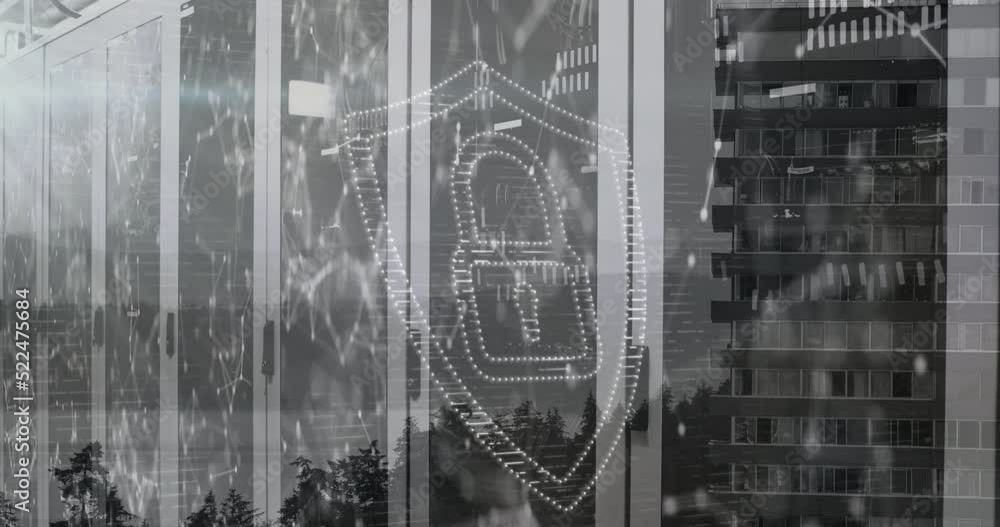 Wall mural Animation of security icon with network connecting dots against office building