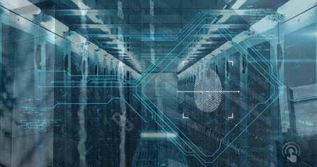 Animation of fingerprint scanning with coding on digital interface against server room - Powered by Adobe