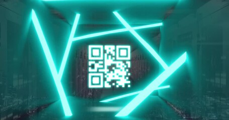 Animation of blue neon lines with qr code, data processing against server room - Powered by Adobe