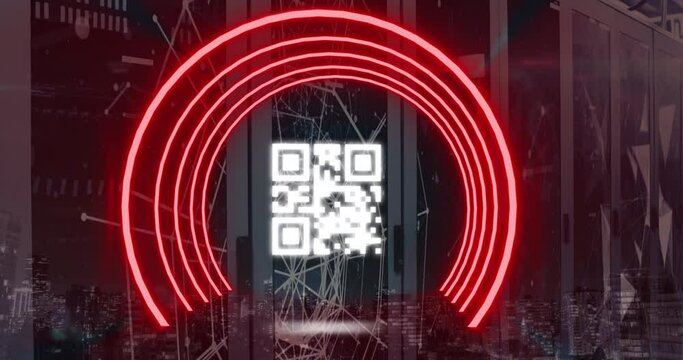 Animation of red semi circles with qr code, network connection against cityscape
