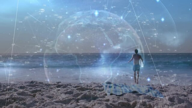 Animation of globe with connections over caucasian man running on beach by sea