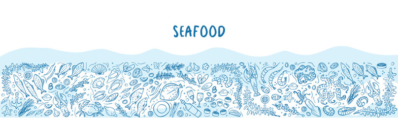 Long banner of set doodle seafood on white blue background. Vector illustration. Perfect for dessert menu or food package design.