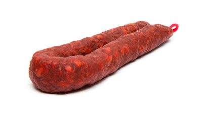 Spanish chorizo sausage on white background