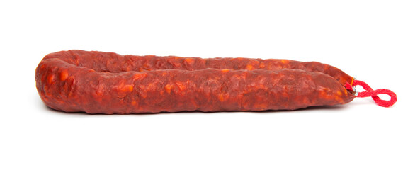 Spanish chorizo sausage on white background